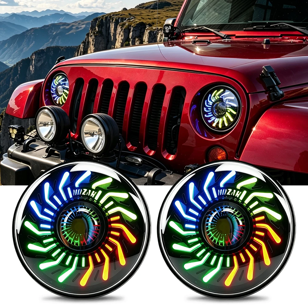 7 Inch RGB Turbo LED Headlights, DRL Multi-color Changing Round Headlamp for Jeep Wrangler JK 2007-2018