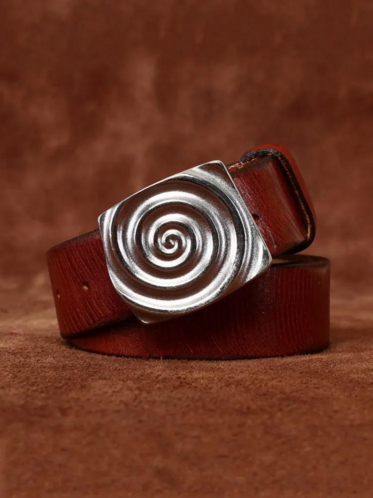 Fashion Men Personality Cowhide Smooth Buckle Business Work Strap For Pants Male Vintage Cowhide Genuine Leather Belt Waistband