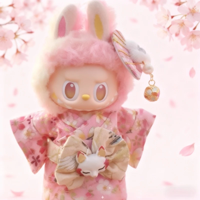 

For Labubu Japanese Floral Kimono Cherry Blossom Pink Outfit Set For Labubu 1st/2nd/3rd Generation 17cm Vinyl Dolls