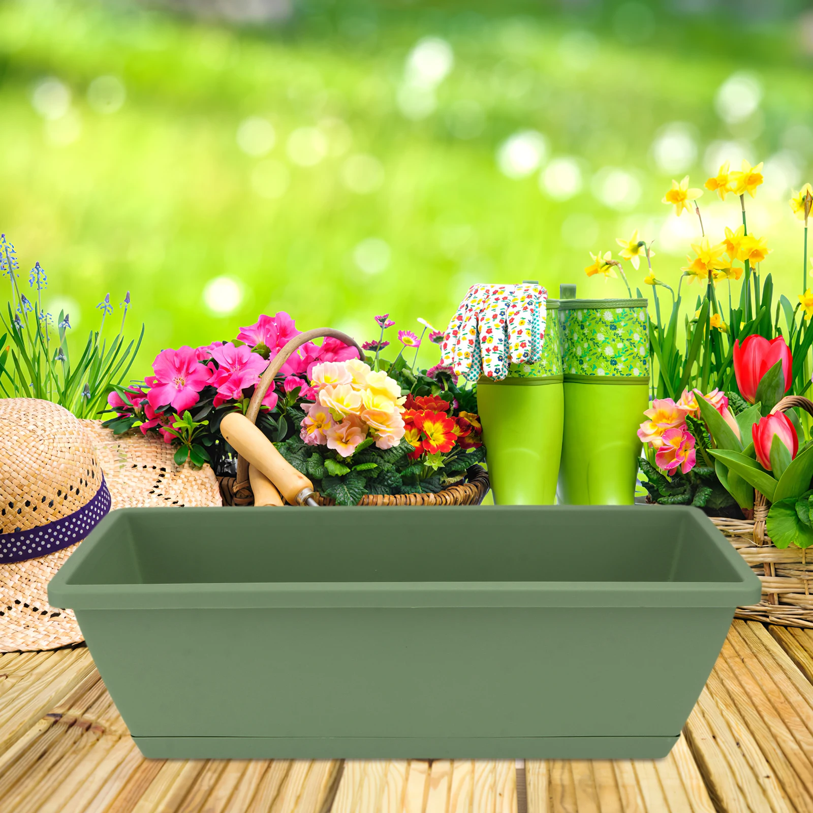 

Large Rectangular Resin Plant Basin Thickened Flowerpot for Balcony Gardening Vegetables Green Durable Drainage Holes