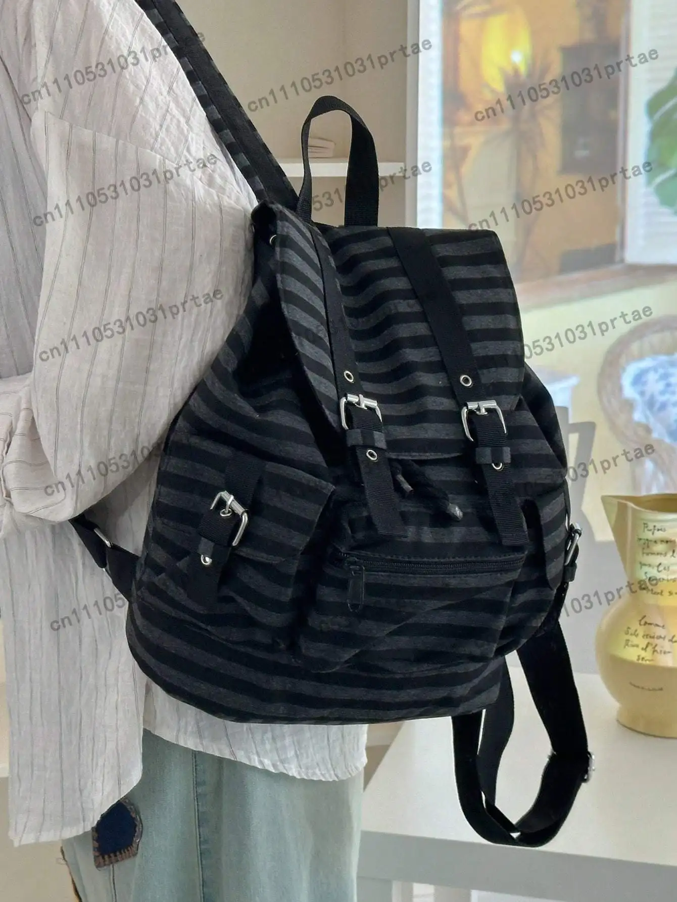 1pc Minimalist Large Capacity Multi-Pocket Striped Backpack, School Backpack