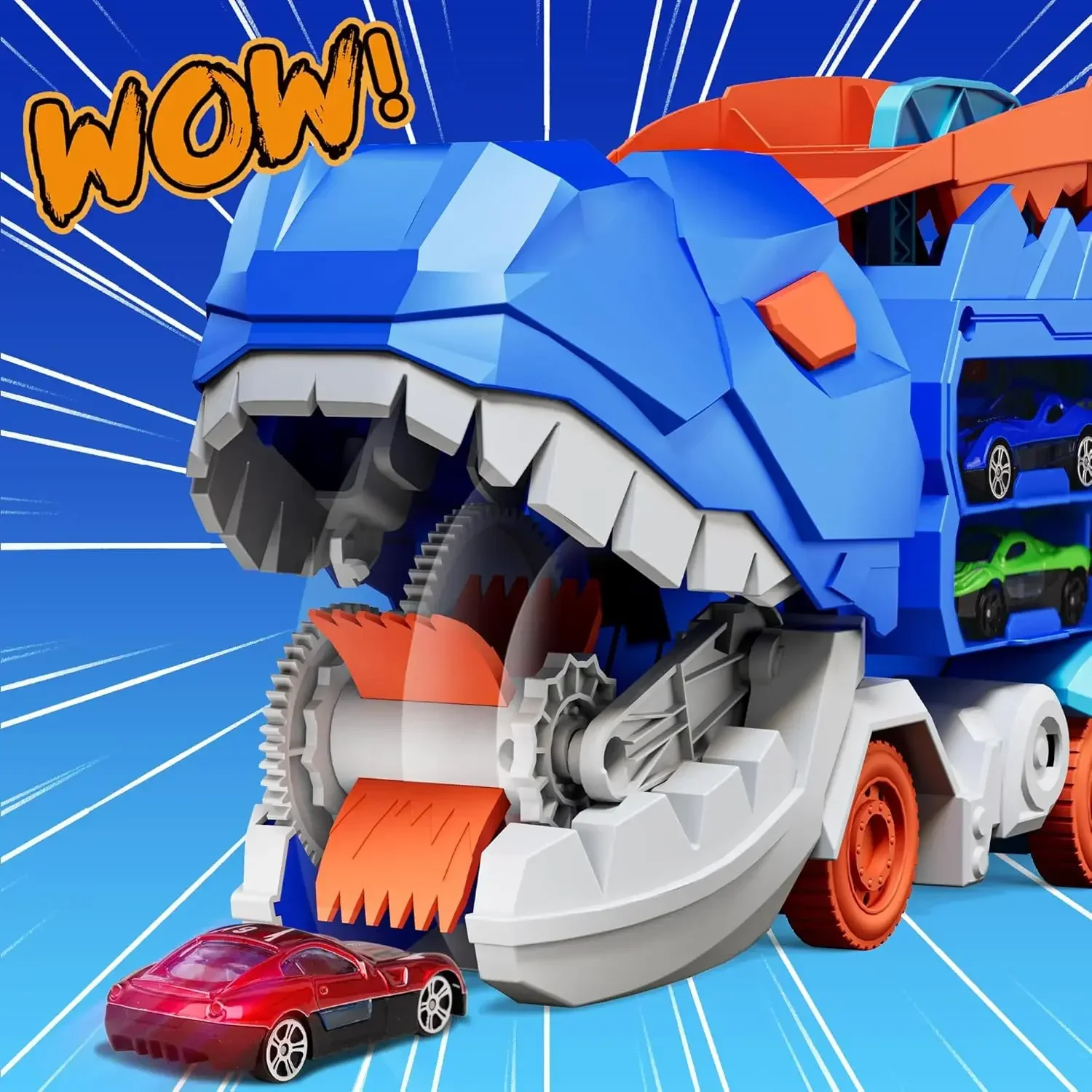 Dinosaur Transporter Truck Toys Foldable Track Alloy Transforming Dinosaur Transport with Alloy Car Toy Gift for Kids Toddle Boy