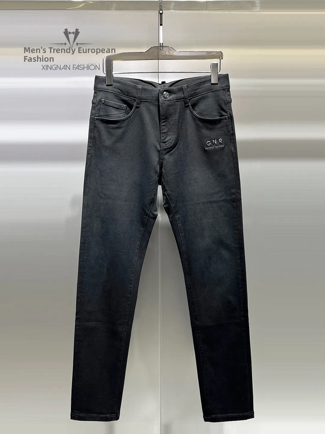 

ZhanChao Brand Men's Slim Fit Jeans Fce Lined Warm Faionable Letter Embroidery mid Waist Thi Denim Casual Long Trousers