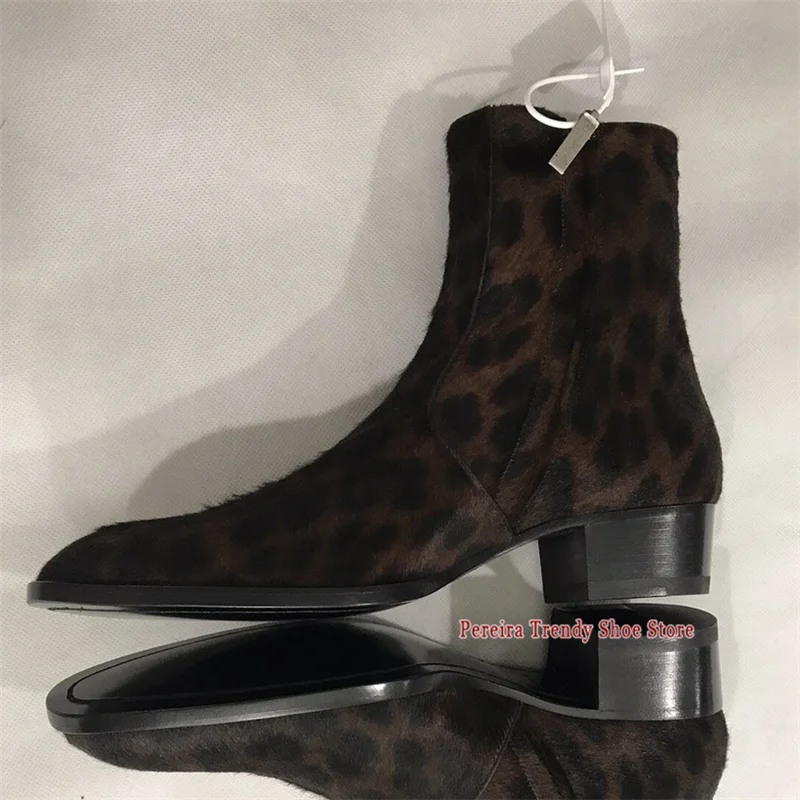 Men's Leopard Print Chelsea Boots Handmade Genuine Leather Side Zipper Mid Heel High Top Boots Autumn Winter Trendy Formal Shoes
