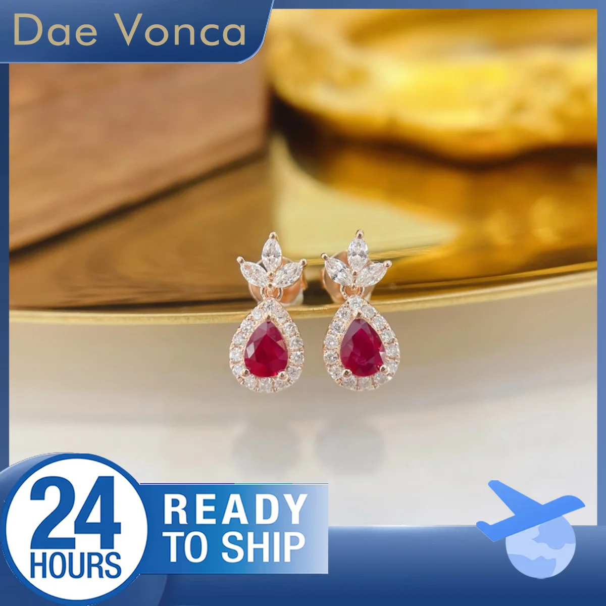 

Three-Leaf Clover Shaped 18K Rose Gold Center Stone Pear Cut Natural Ruby Accented By Round and Marquise Cut Diamond Earrings