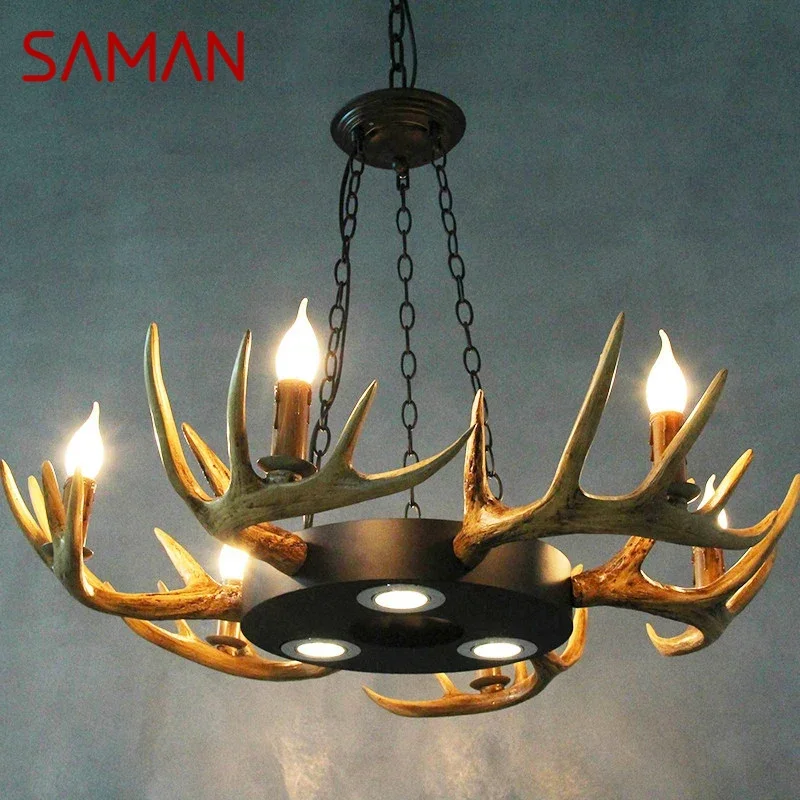 

SAMAN American Retro Deer Horn Pendant Lamp LED Industrial Style Living Room Dining Room Bedroom Cafe Bar Clothing Store Light