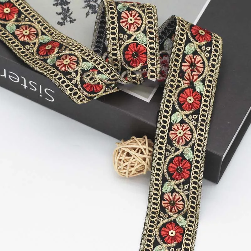 

45Yards Diy Garment Accessories Ethnic Lace Trim Embroidery Fabric Sewing Textile Webbing Sequined Flower Lace Ribbon for Dress