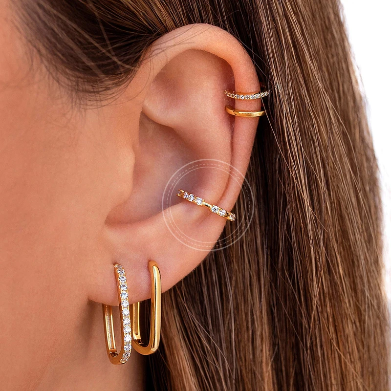 1PC 24K Gold-Plated European Style Geometry Metal Punk  Crystal Ear Clip For Women CZ Fashion Elegant Earrings Jewelry Gift