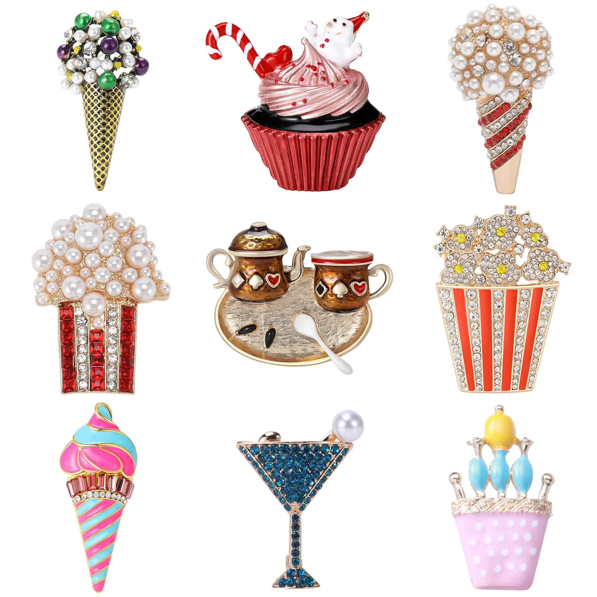 【セール中】高級ラインストーンポップコーンアイスクリームブローチ女性のためのエナメルティートレイ食品ピンオフィスパーティー友人ギフトジュエリーアクセサリー