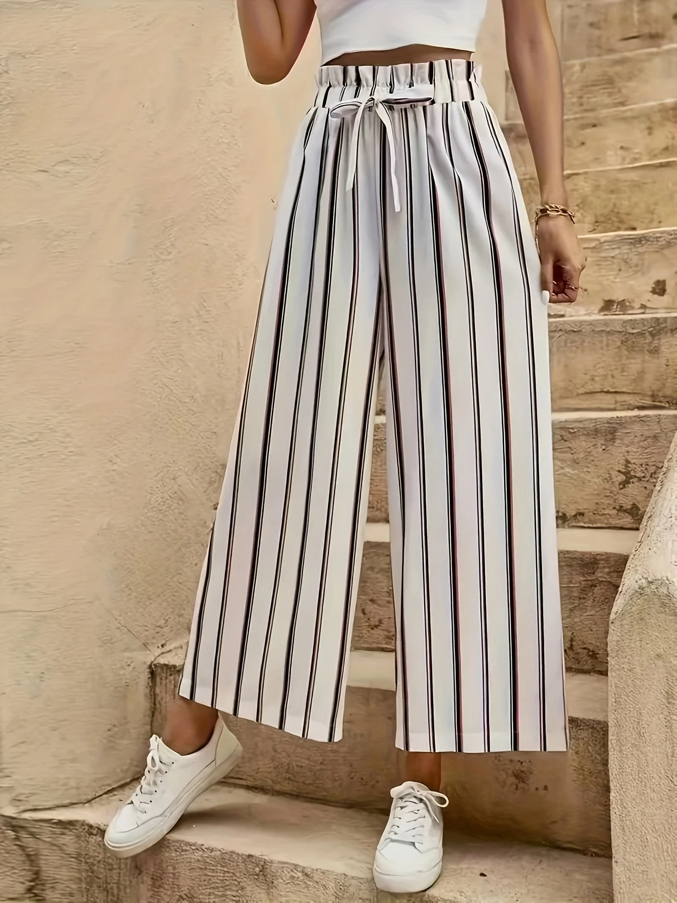 

Trendy Women’s Striped Elastic High Waist Drawstring Wide-Leg Pants, Casual & Lightweight for Spring & Summer