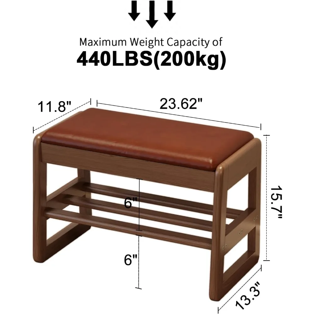 Leather Cushioned 2-Tier Shoe Bench with Flip-Top Storage for Entryway in Orange, 23.62 Inches