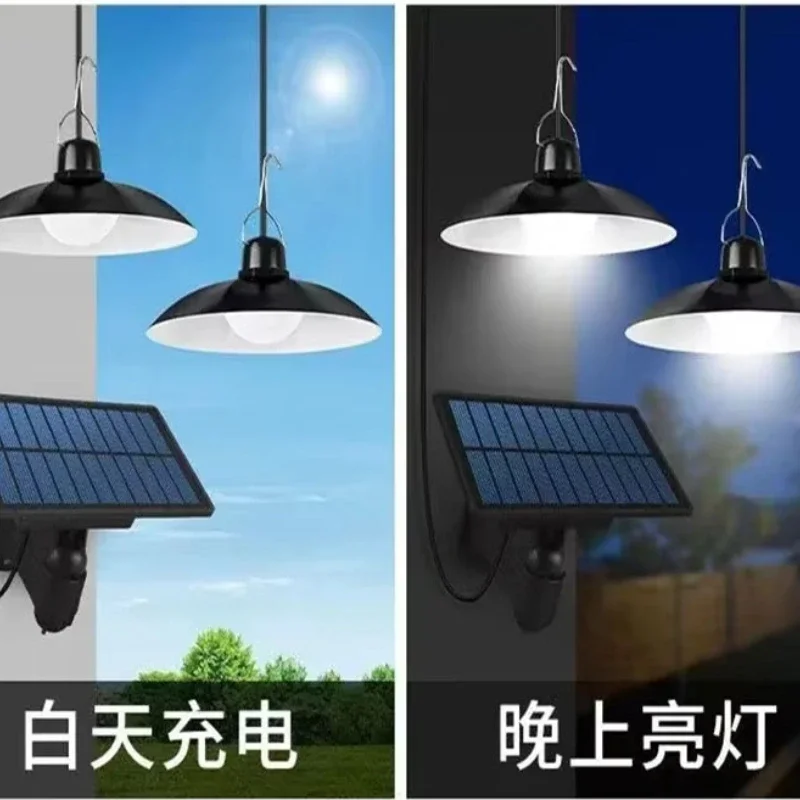 Luz colgante Solar de doble cabezal para exteriores e interiores, lámpara Solar impermeable de 60 LED con interruptor de tracción, iluminación para