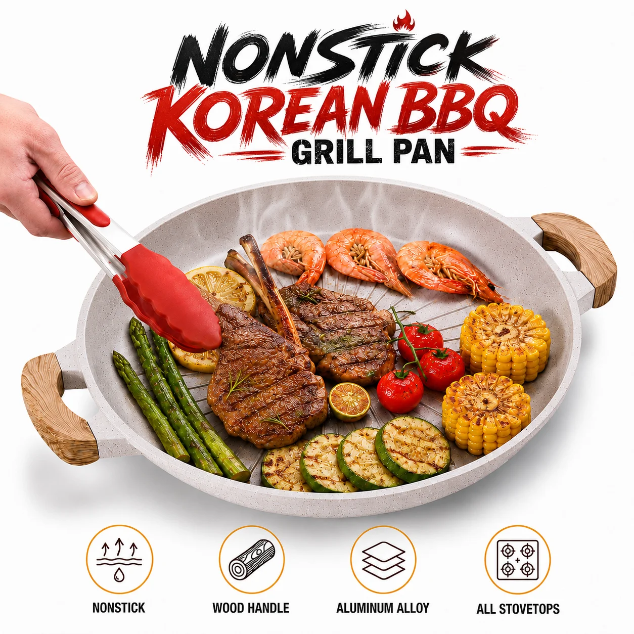 

13 Inch Korean BBQ Grill Pan Nonstick Round Griddle For Stovetop Outdoor Large Aluminum Alloy Barbecue Plate With Wood Handle