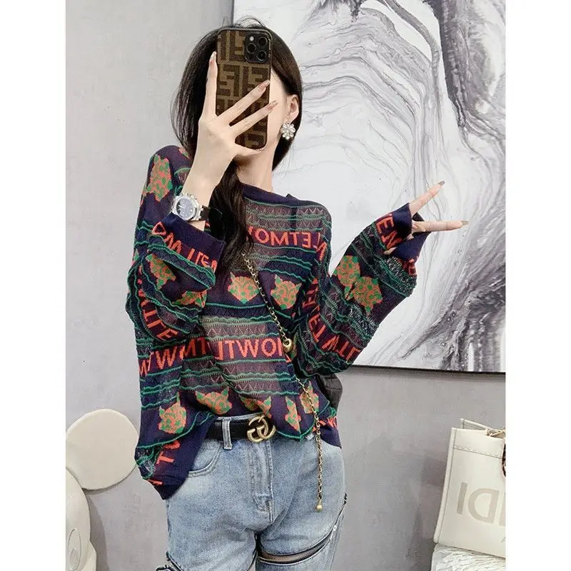 Women's Clothes Spring and Autumn Long Sleeve Knitted T-Shirt Stylish Base Shirt Fashionable Jacquard Loose Sunscreen Shirt Tops