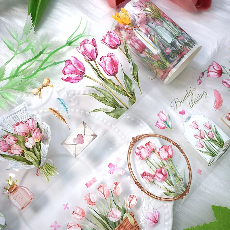 2m/Roll Tulip Flowers Crystal PET Tape Vintage Fruit Decorative Tape for Sticker Scrapbooking Journal Card Making Stationery