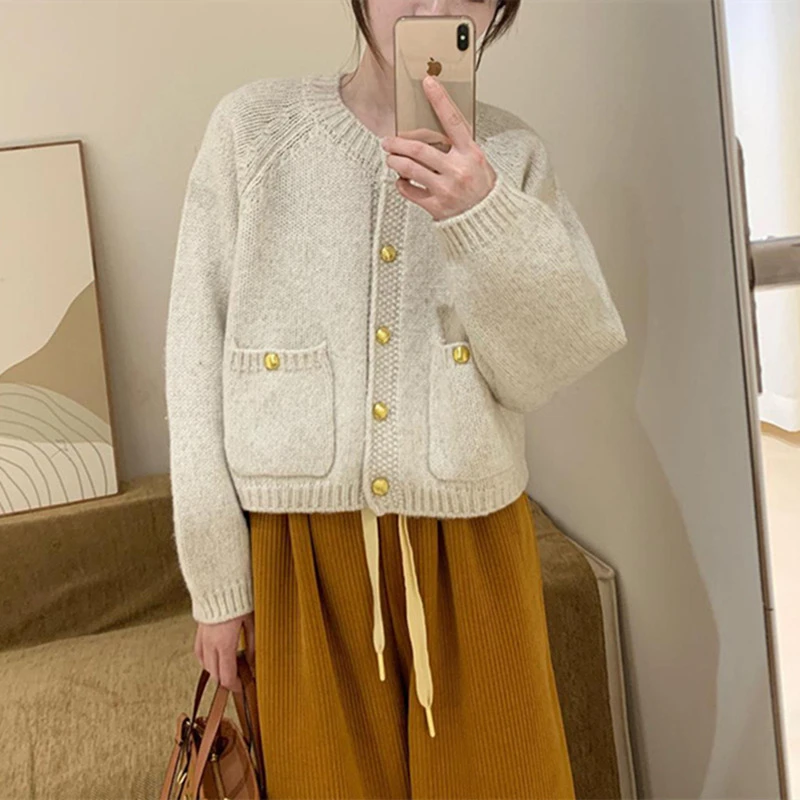 Winter Elegant Knitted Women Sweater Korean Long Sleeve Soft Cardigan Thick Sweater With Pocket Sweet Knitewear Coat Jackets