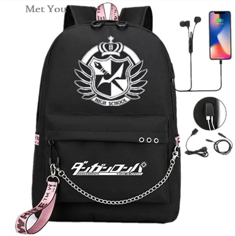 Mochila Danganronpa Bear Anime USB, Mochila escolar informal, Mochila negra, bolsas de viaje, bolsa de cadena para ordenador portátil con puerto USB para auriculares