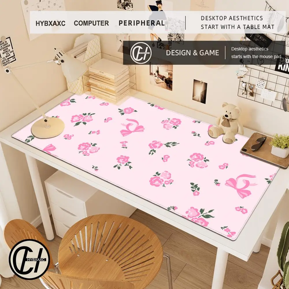 Light Pink Lovely Flower Green Leaves Bow Aesthetic Large Gaming Mouse Pad Non-slip Office Accessories Birth day HYBXAXC Friends
