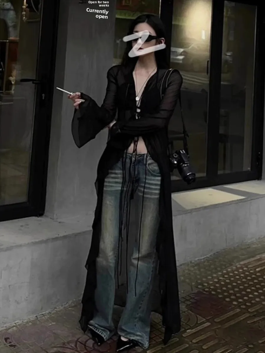 

k Sexy Girl See-tough Long Sve Wrap Cardigan Thin Lightweight Spring Summer Lace irt Korean Sle Slim Fit V-ne