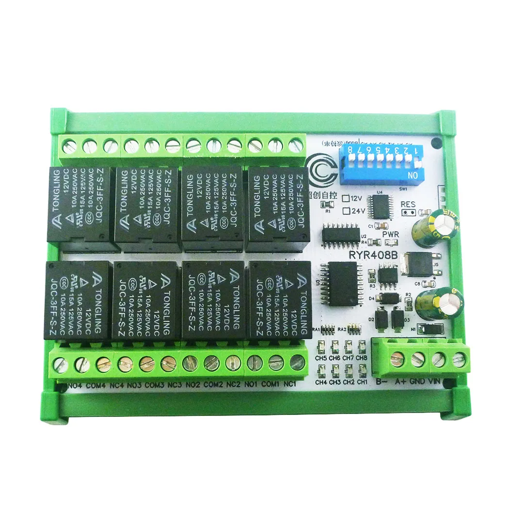 8CH DC 12V 24V DIP Switch Set Parameters RS485 Relay Board Modbus RTU PLC Remote IO Module RYR408B C35 DIN BOX