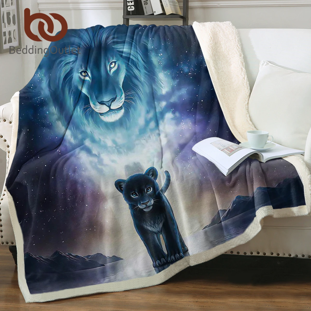 

BeddingOutlet Dream Lion Sherpa Fleece Blanket Starry Sky Wild Animal Pattern Bedroom Sofa Couch Bedspread Decor Polyester Gift