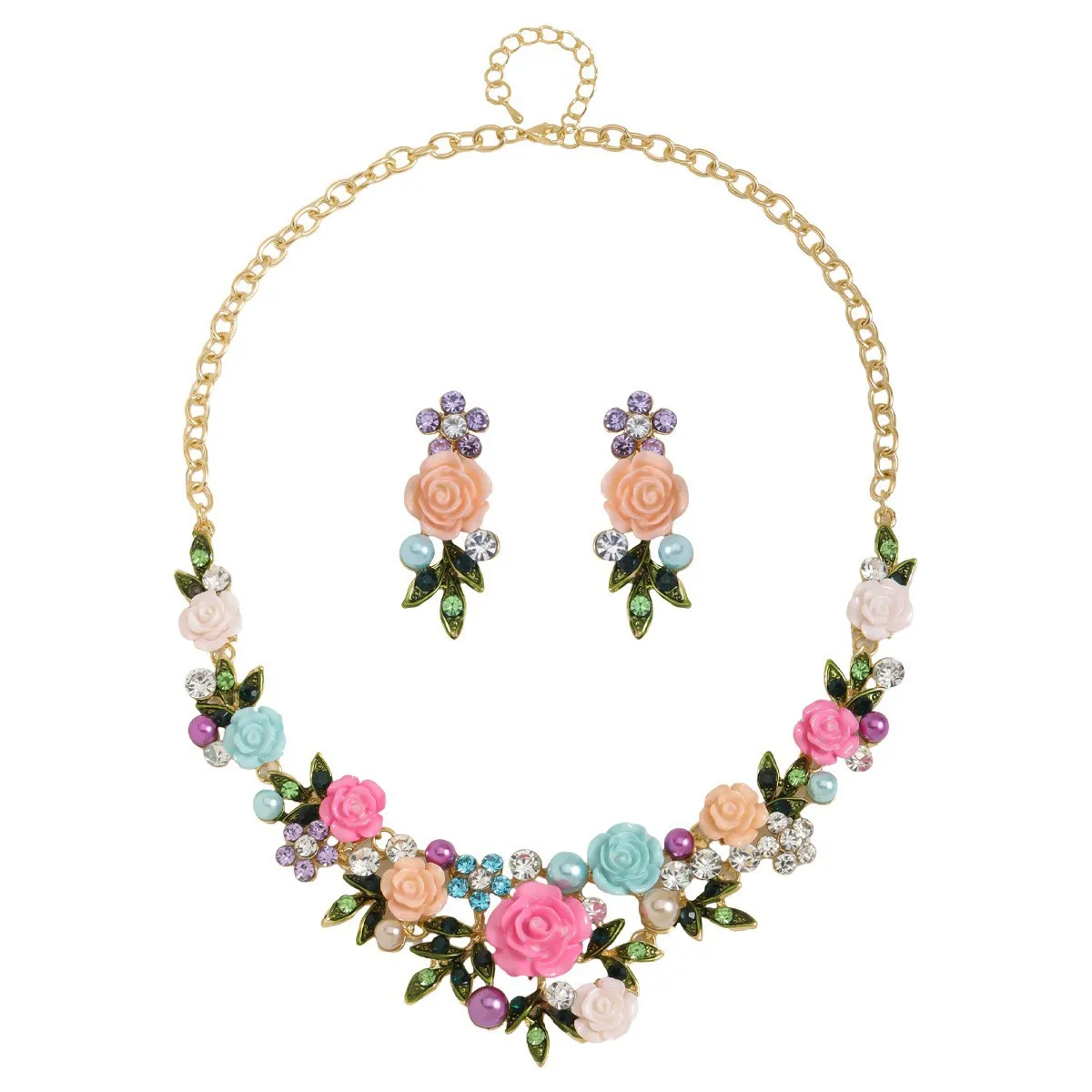 Valentine's Day Flower Earrings Necklace Set Temperament Sweet Leaf Diamond Versatile Personality Items