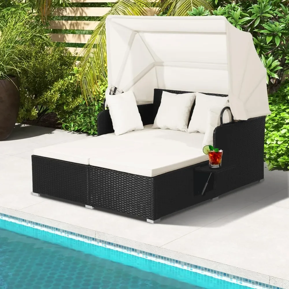 Sofá cama para exteriores, chaise lounge de mimbre para 2 personas con somier retráctil