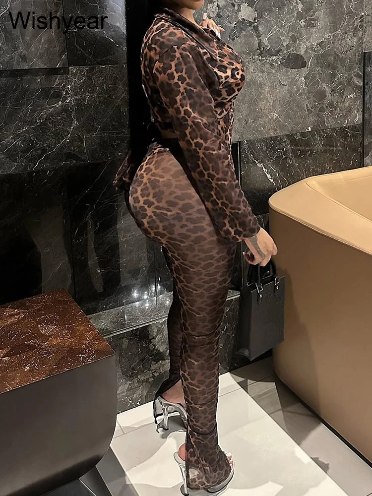 أزياء ليوبارد طباعة 2 قطعة السراويل مجموعة النساء ربيع الخريف طويلة الأكمام المحاصيل قمم سترة وسراويل قلم رصاص تمتد ليلة كلوبوير #2