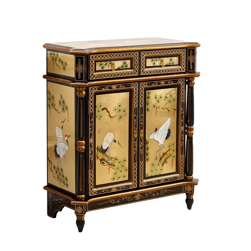 Solid Wood Entrance Cabinet Gold Foil Pine Crane Yannian Ming-Qing Period Painted Furniture Two Buckets Curio Cabinet