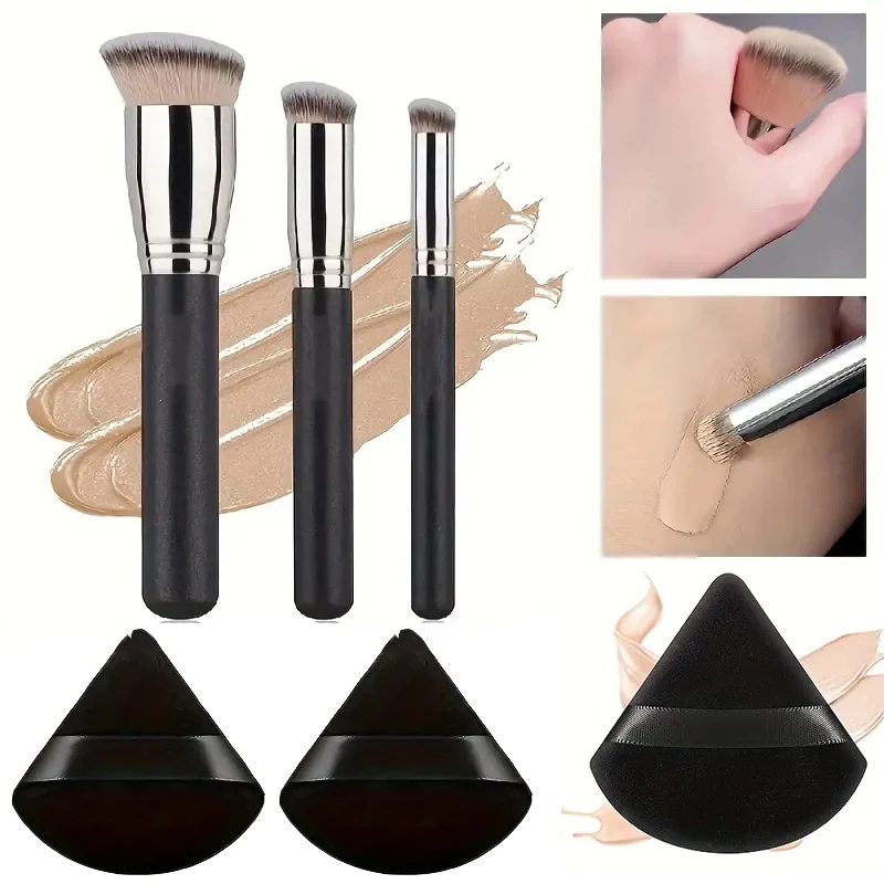 Juego de brochas de maquillaje de 3 uds con 2 esponjas de polvo Triangulares, brocha correctora de contorno de base de doble uso en seco y húmedo, herramientas de brochas cosméticas