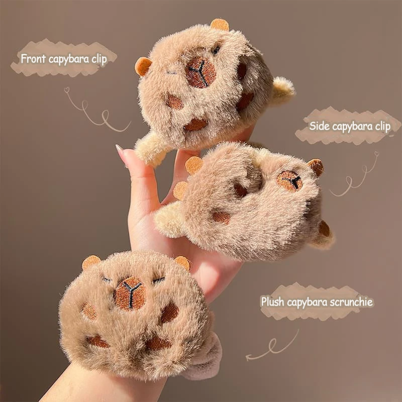 1Pc/Pair Elegant Plush Hairpins Kawaii Capybara Scrunchies Cute Animal Plush Hair Rope Ponytail Holder Wash Face Wrist Strap