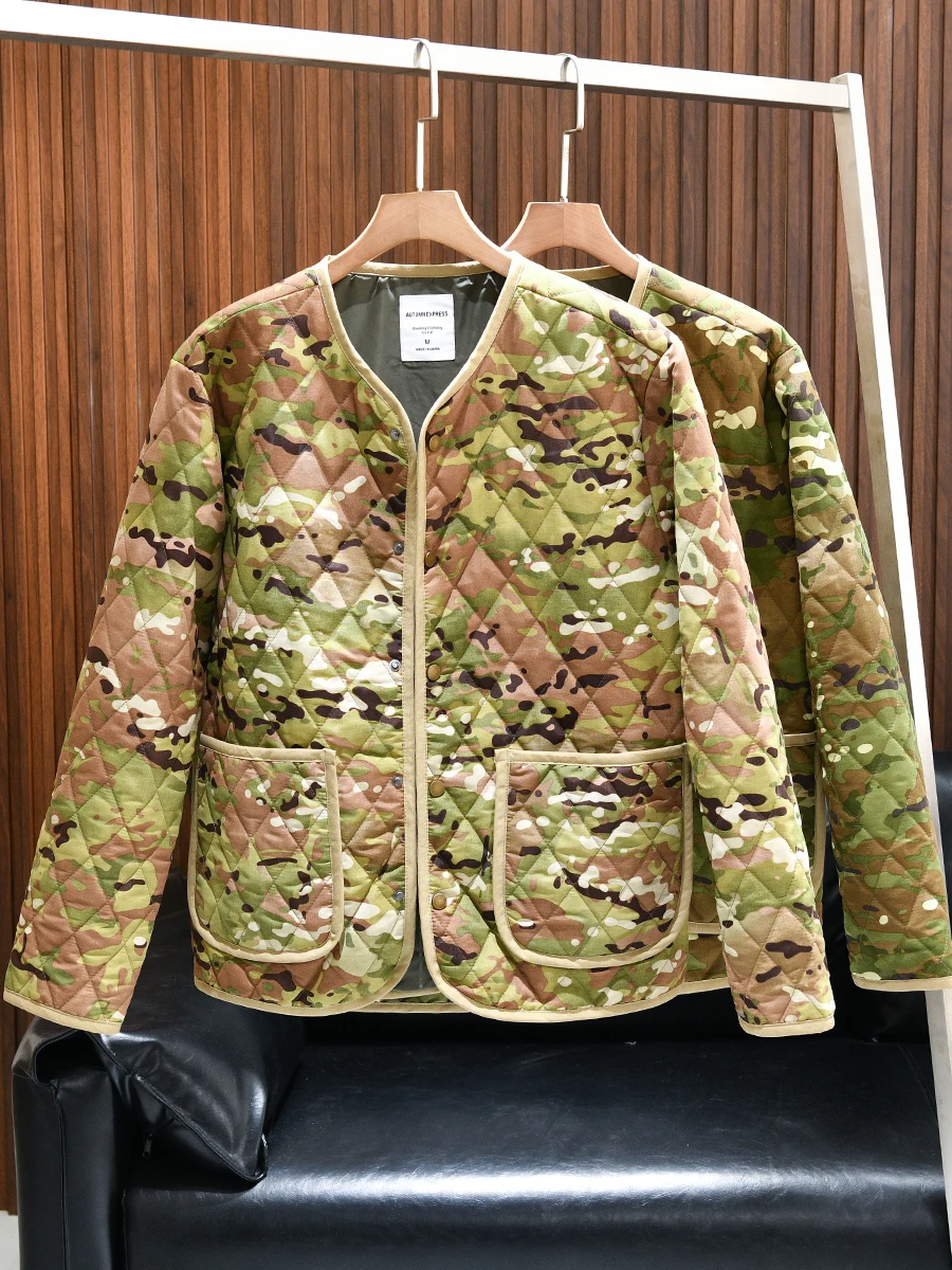 

Trendy Camouflage No-Neck Cotton Jacket Men's Workwear Style Autumn Winter Fashionable Outerwear Casual Loose Fit Long Sleeve
