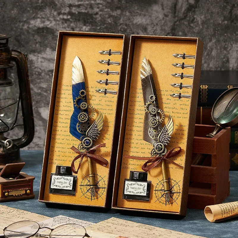 

Feather Pen Dipped In Water Pen, European Vintage Mechanical Punk Gift Box Set, Niche Birthday Gift B