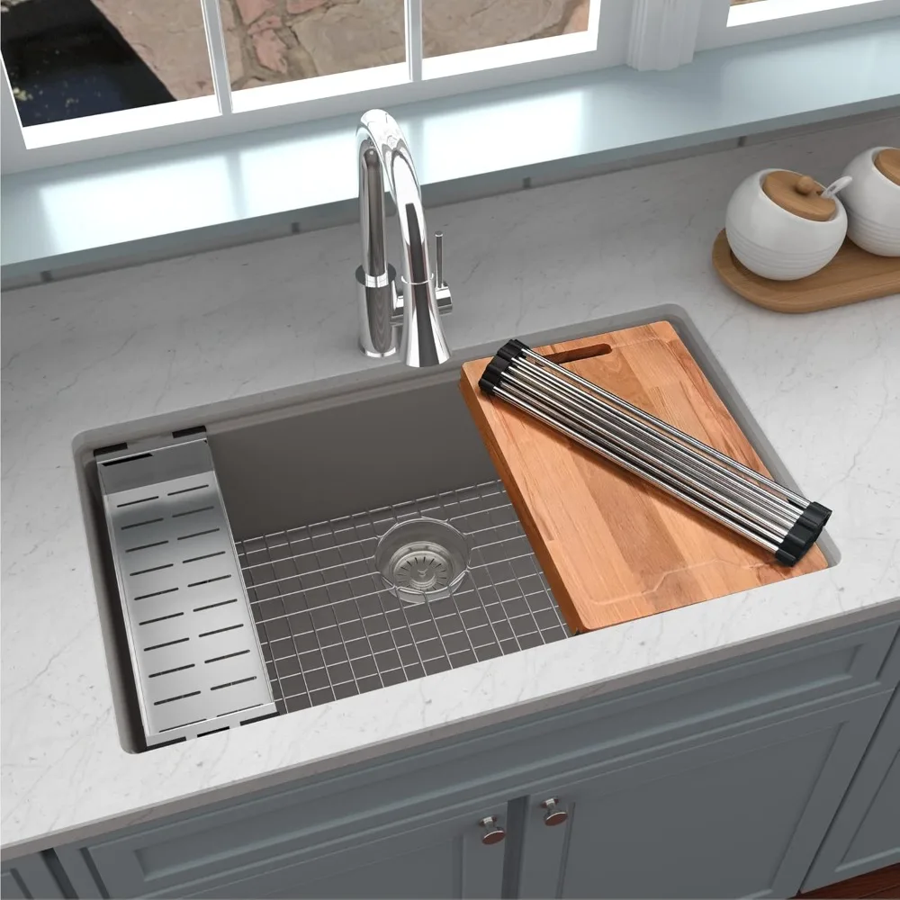 QUWS-875 Undermount 32.5 in. Large Single Bowl Quartz Workstation Kitchen Sink in Concrete