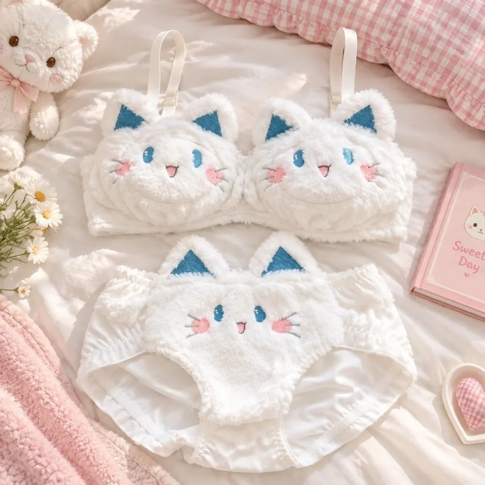 Kawaii Warm Bra Panties Suit Japanese Style Push Up Cat Plush Lingerie Set Wire-free Lolita Plush Underwear Cosplay