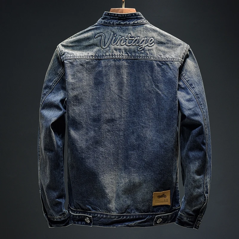 High quality zipper stand up collar denim jacket for men fashionable retro cool and trendy denim clothing motorcycle jacket