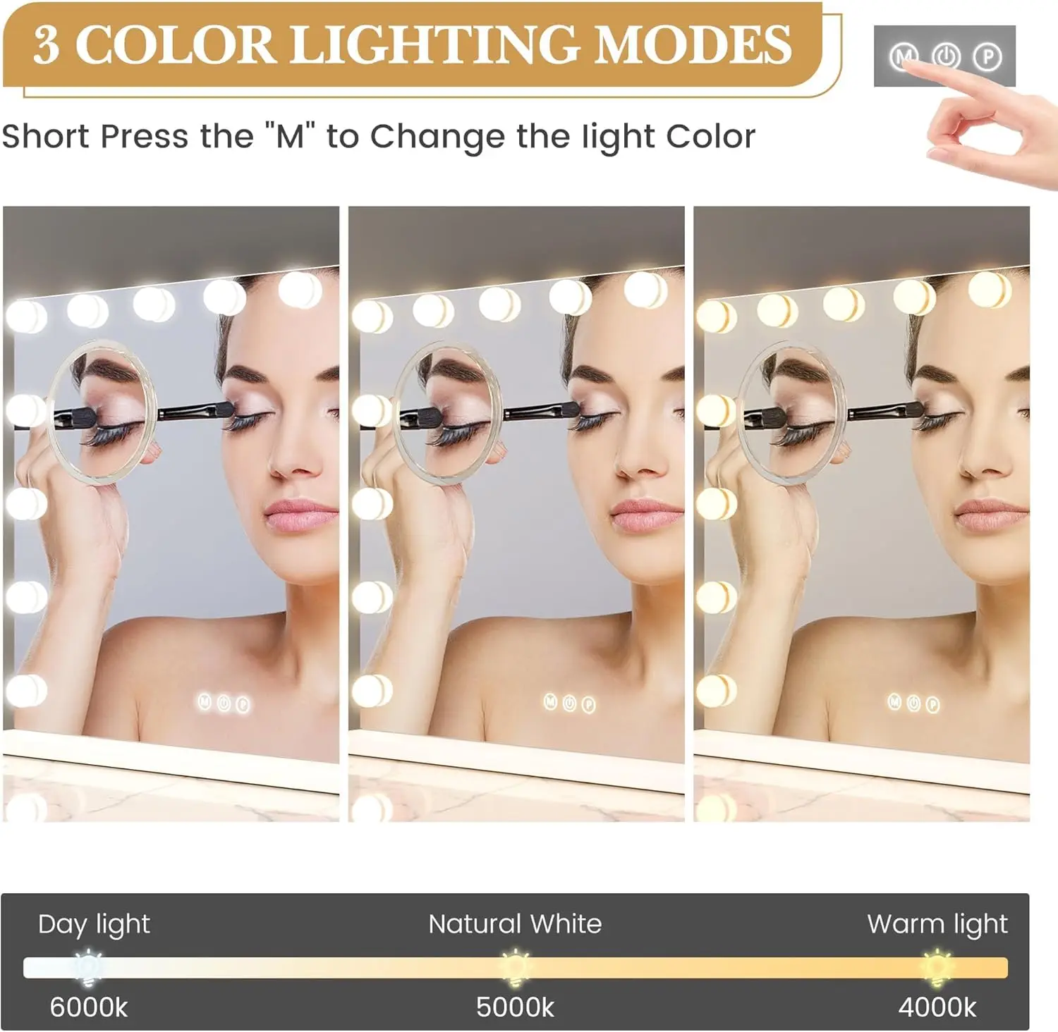 Espelho de vaidade com luzes LED ajustáveis, controles de toque inteligentes de ampliação 3X com três modos de cor ajustáveis para quarto