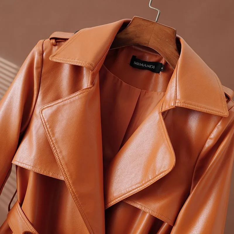 سترة واقية من الرياح للنساء سترة جلدية متوسطة الطول مع أربطة على الخصر وتناسب شكل من جلد الغنم الصناعي بدلة مزدوجة الصدر #5