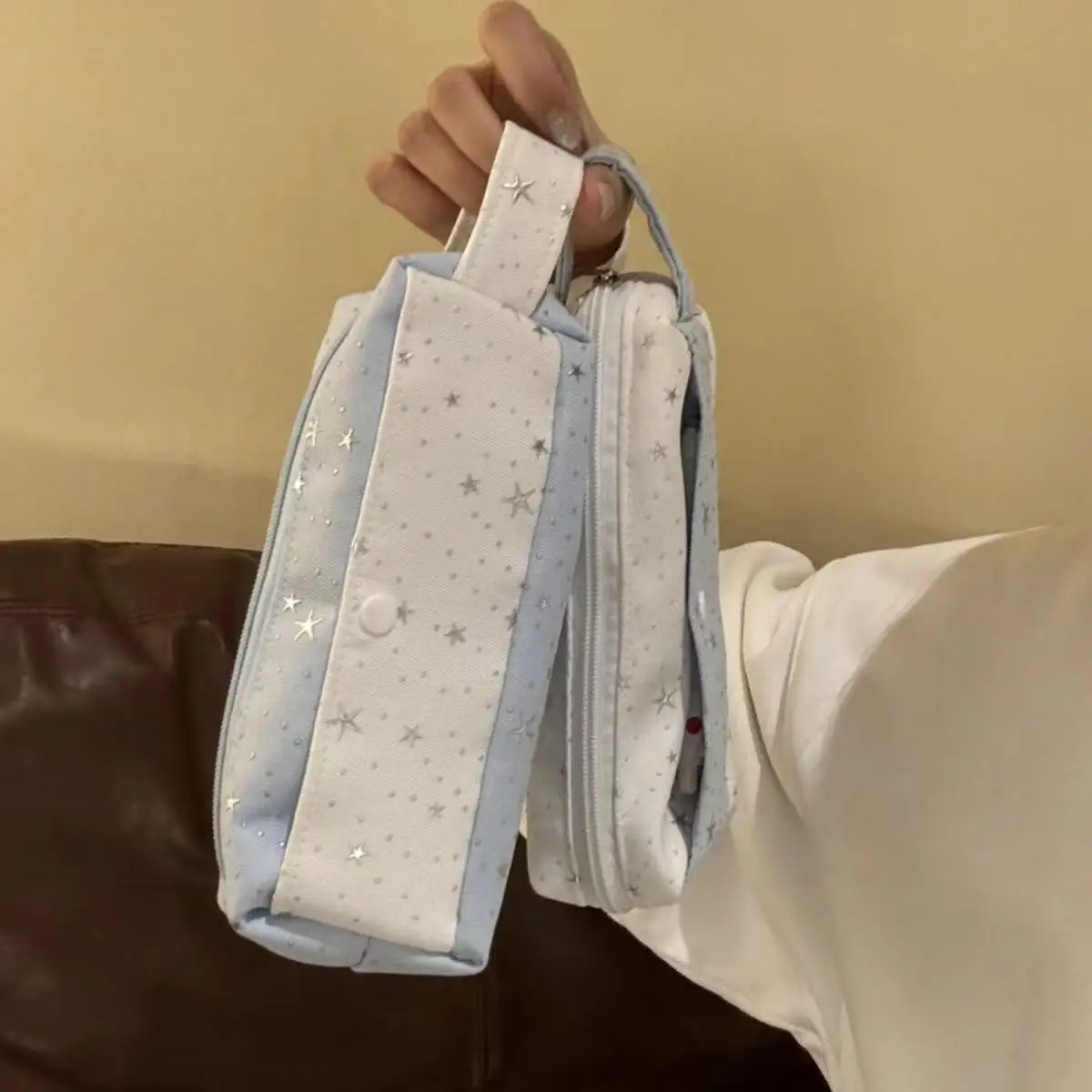 Document Bag Canvas Large Capacity Makeup Bag Stationery Pouch Star Print Hand Strap Pencil Bag For School Use Small Office