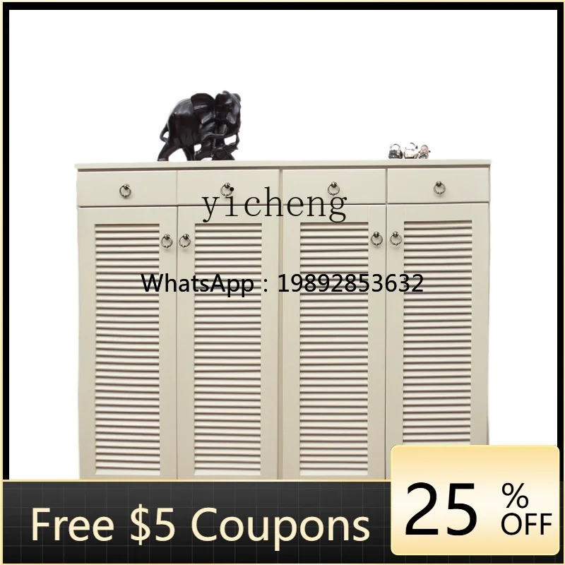 GZ   Solid wood shoe cabinet louver door large capacity shoe cabinet complete ivory white shoe rack multi-layer opposite door