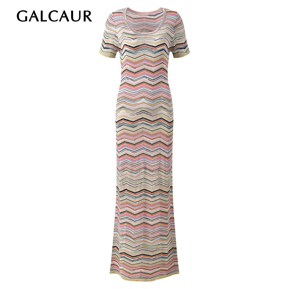 GALCAUR Colorblock Spliced Stripe Slimming Maxi Dress for Women Round Neck Short Sleeve Patchwork Sequin Pullover Dresses Female