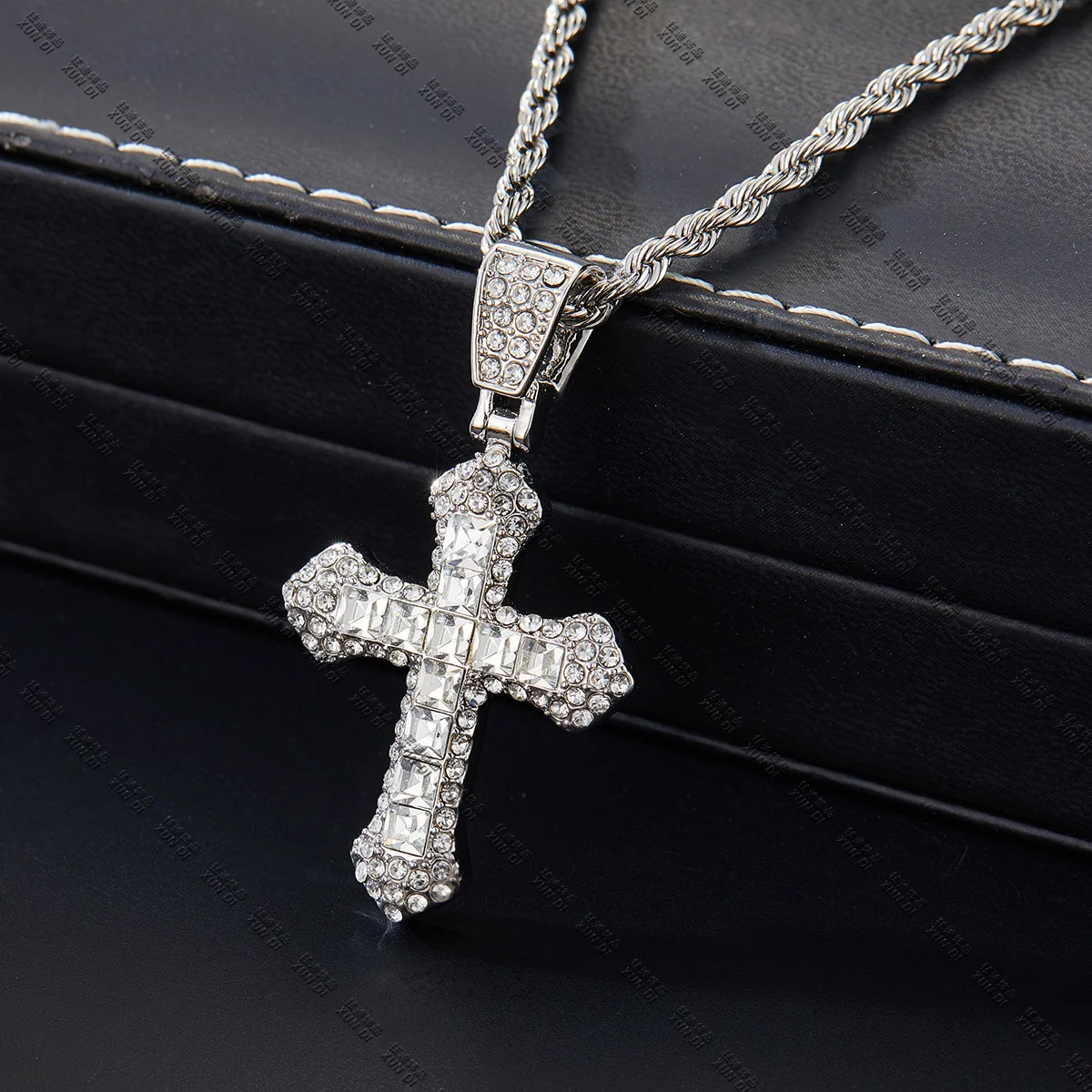 

3 mm AAA rhinestone zinc alloy pvd plated 2 pcs set Big Cross pendants tennis necklace hip hop iced out cuban link chain