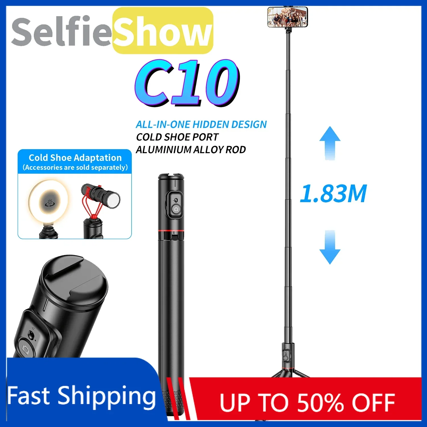 Selfieshow Selfie Stick met draadloze Bluetooth-afstandsbediening Draagbaar 72-inch aluminium telefoonstatief voor iOS Android mobiele telefoon tripod phone ploertendoder wapenstok uitschuifbare tripot statief telefoon