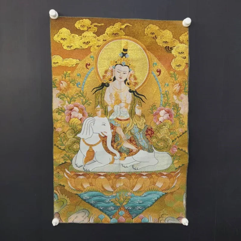 Tangka Embroidery Buddha Statue Hanging Painting Silk Cloth Paint White Elephant Samantabhadra Bodhisattva Decor Painting Mural