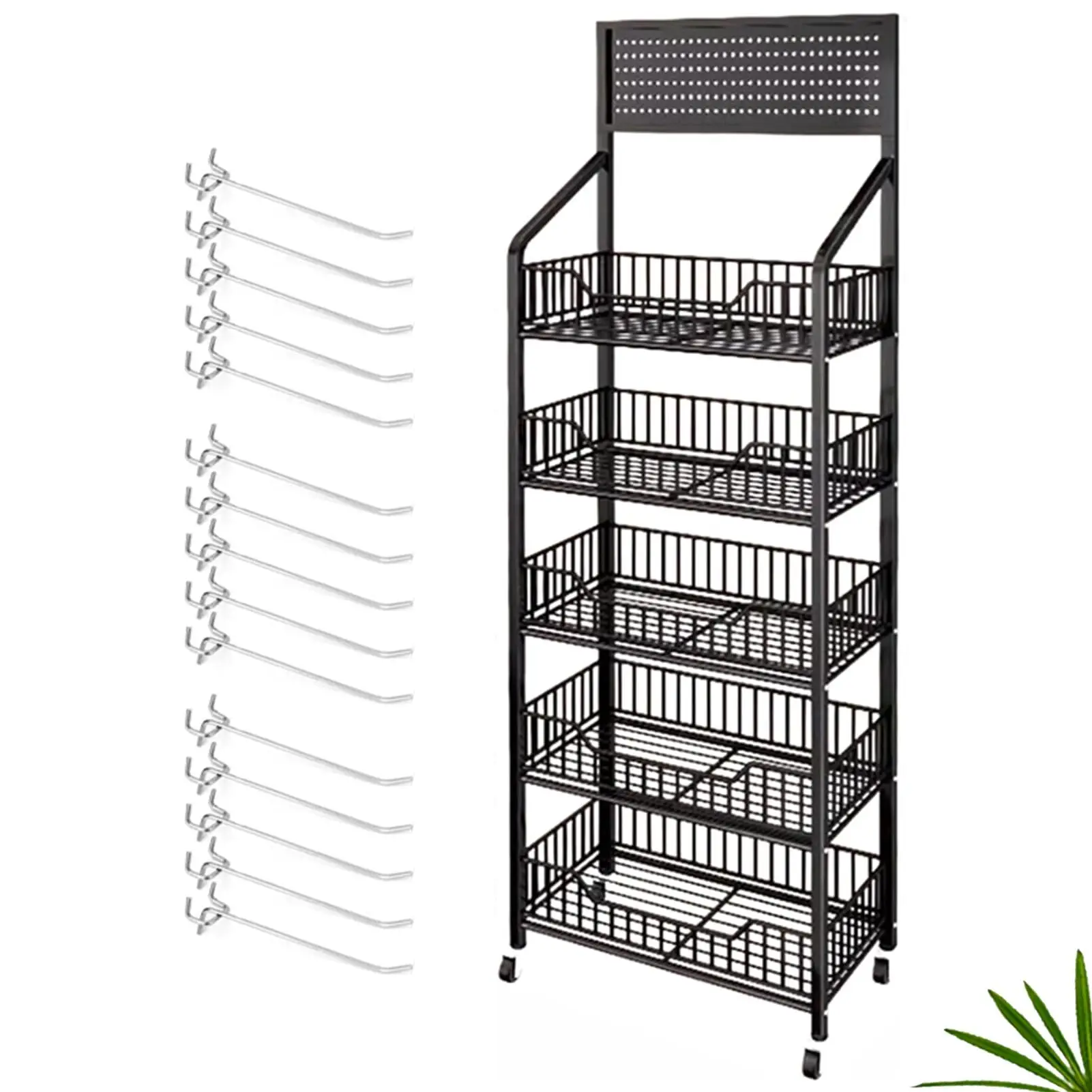 Rolling Tool Organizer Rack 5 Tier Carbon Steel Pegboard Cart With 12 Hooks 4 Wheels For Garage Workshop