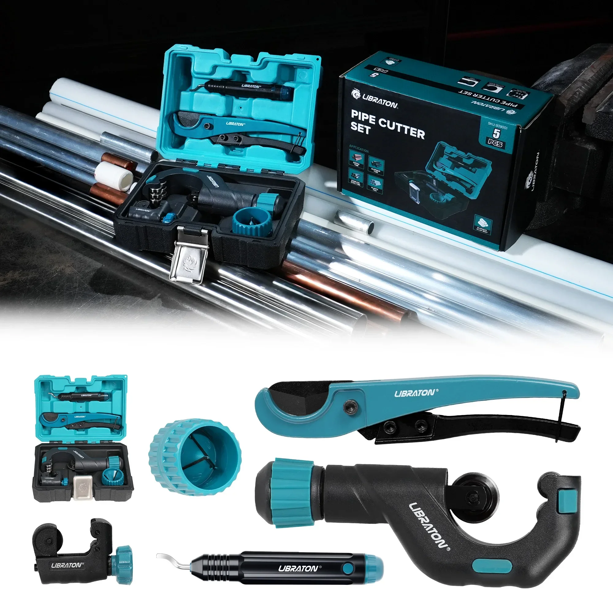 LIBRATON 5PCS Tube Cutting Set, Heavy-Duty Copper & PEX Pipe Cutter with Deburring Tool & Reamer for Copper, PEX, PVC