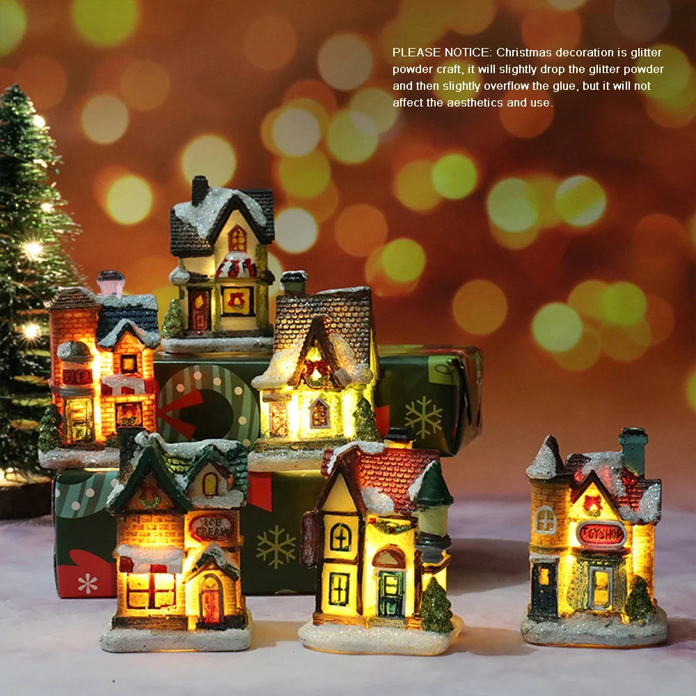 Luz LED para casas de pueblo navideño, casa pequeña de resina artesanal con pilas, adorno navideño para decoración del hogar, Navidad y Año Nuevo, 1 ud.