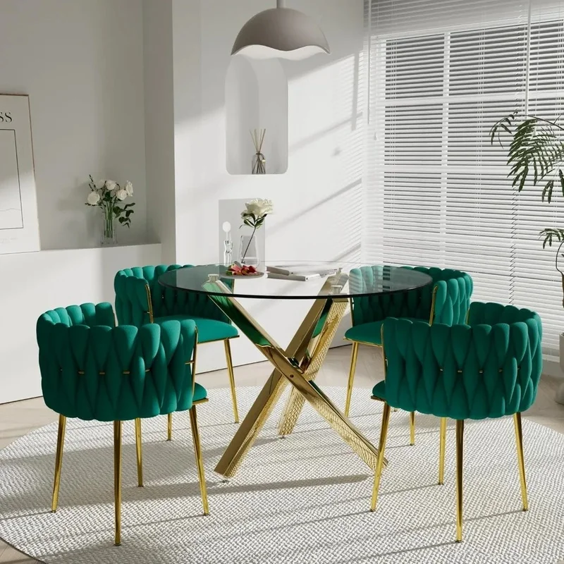 

Clear Glass Dining Table Set for 4, 39'' Modern Round Kitchen Table with 5 Pieces, Luxury Green Chairs Included