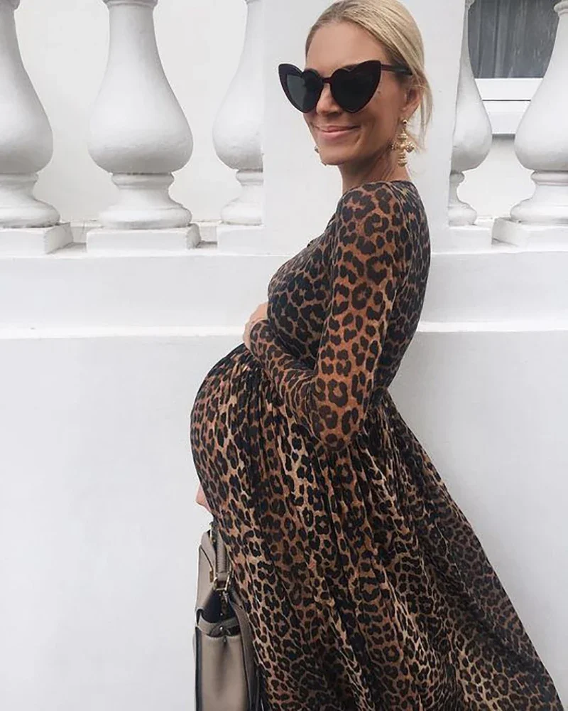 Maternity photography Dresses Long Sleeve Round Neck Leopard Print Ruffled Pregnant Dress Elegant Together Maternity Clothes