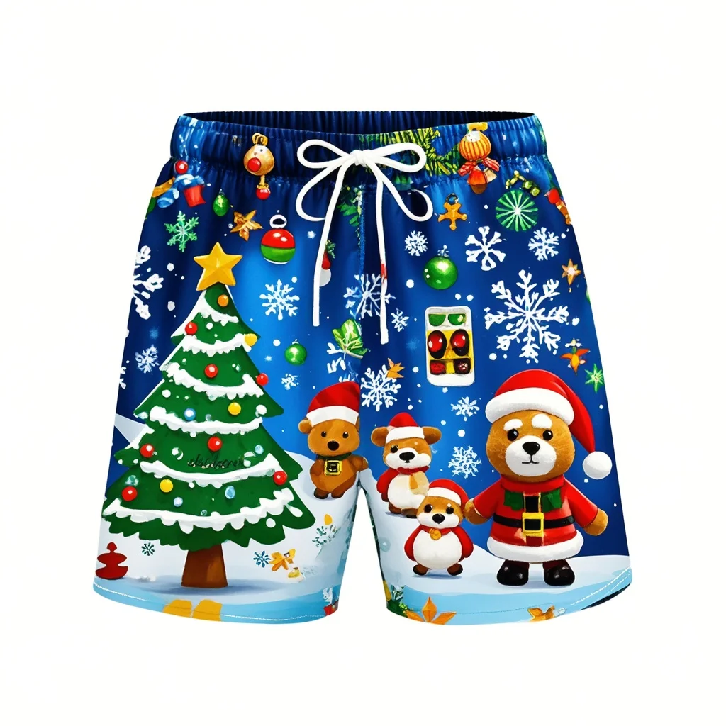 Fashion 3D Merry Christmas Printing Beach Shorts Santa Claus Xmas Christmas Trees Graphic Swimming Shorts Men Funny Board Shorts